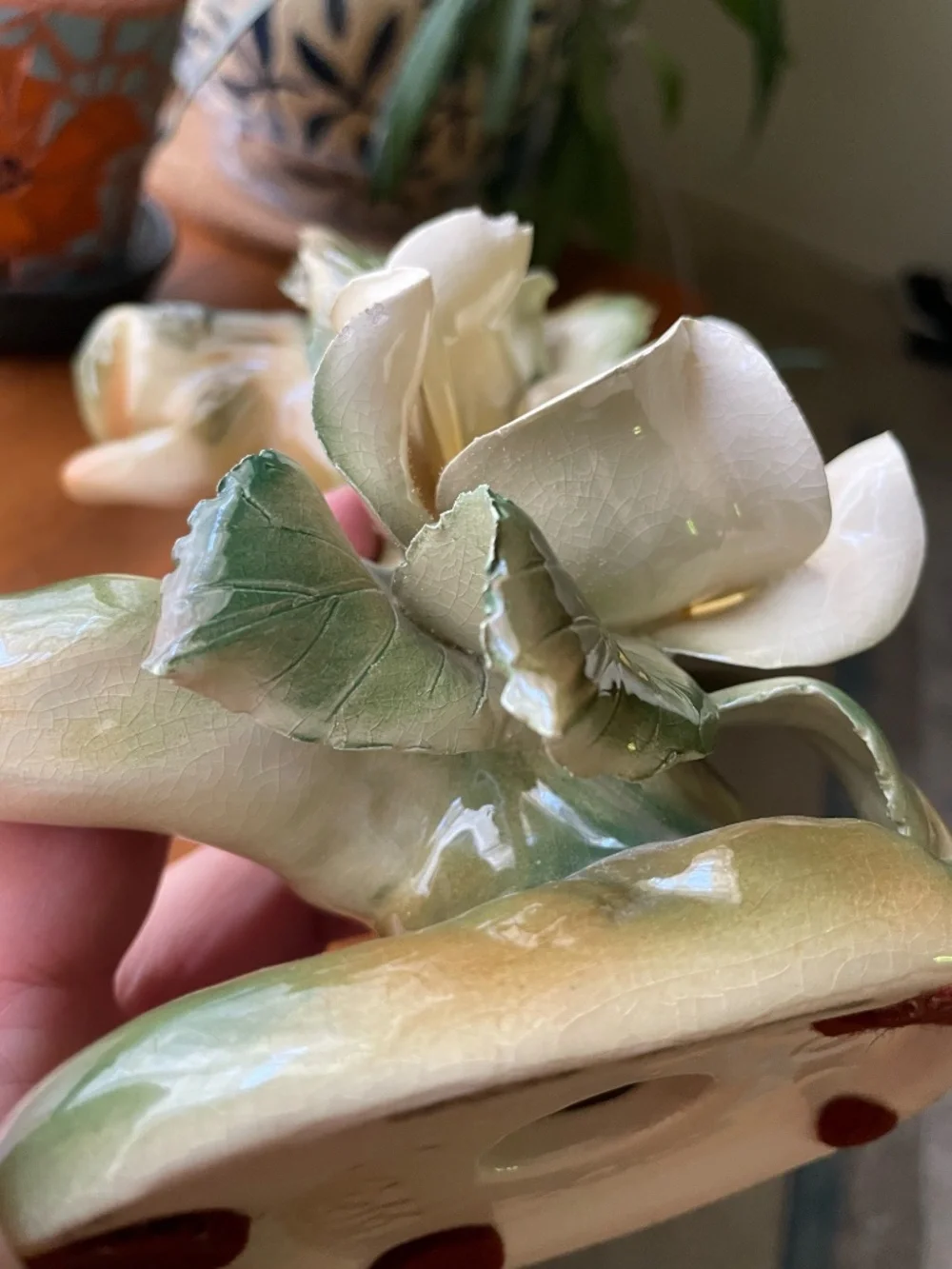 Wm Maddux California Pottery Pink Cockatoo on Stump with Magnolia Flower (broken